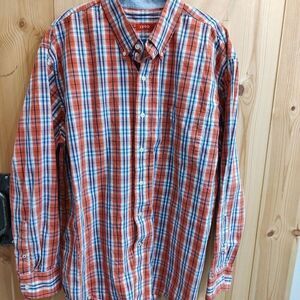 IZOD Dress‎ Shirt Sz Large Plaid Fall Orange Blue Long Sleeve Button Down Preppy